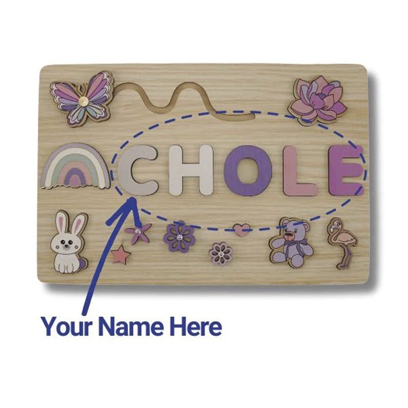 Custom Name Montessori Board personalized wooden name puzzle with colorful letters and playful animal shapes on eco-friendly birch plywood background