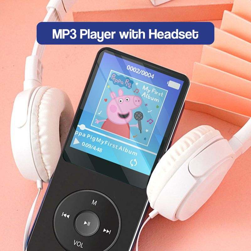 Child-friendly MP3 player with headset showing Peppa Pig album on screen, white headphones, Halloween-themed design