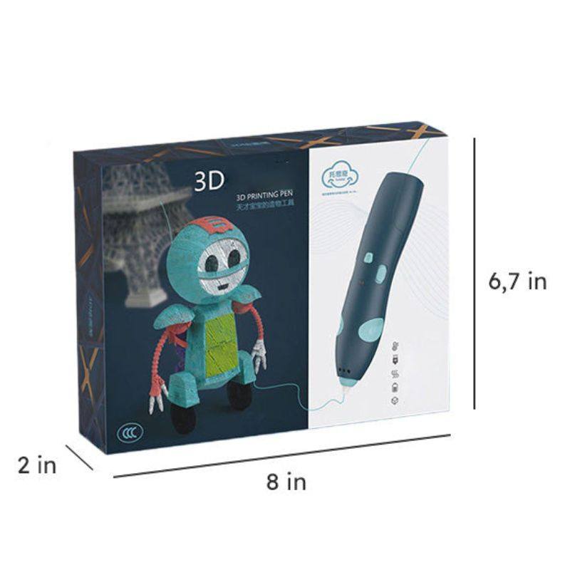 3D Magic Pen Set packaging with blue 3D printing pen and colorful robot model illustration, dimensions 8x6.7x2 inches