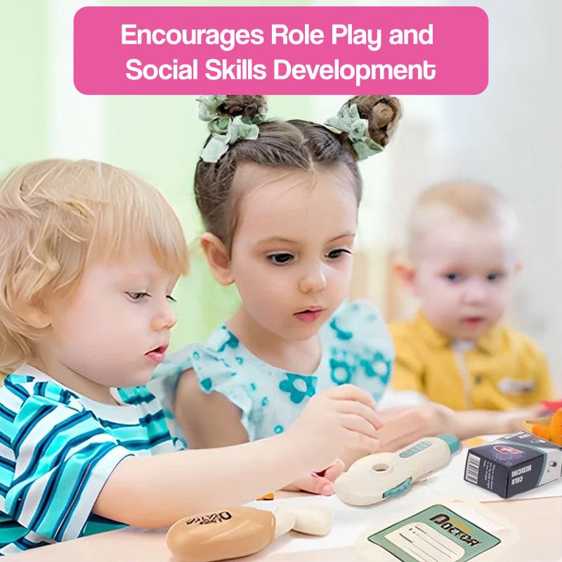 Children playing with Little Doctor Adventure Play Kit encouraging role play and social skills development.