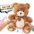 Brown and white AI-Smart Learning Plushie ChattyBear held by hands with musical notes and speech bubble saying "Can I tell you a story?"