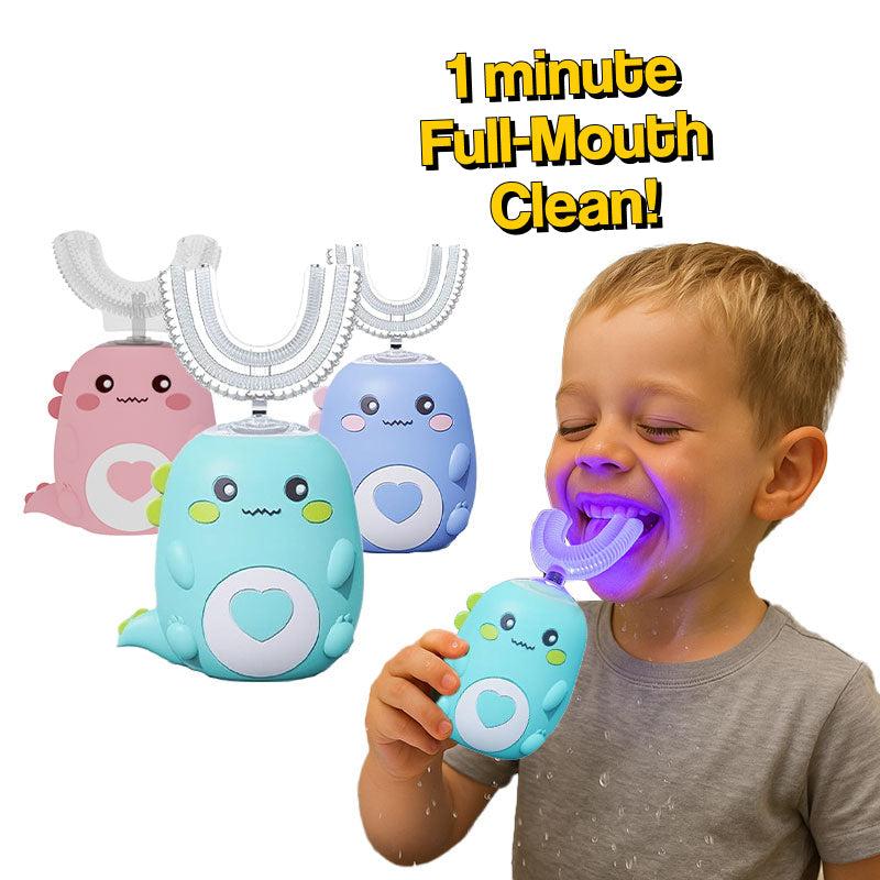 Child using DinoBrush U-Shaped Smart Brush with AI-guided cleaning and UV sterilization, dinosaur-themed toothbrush designs for ages 2-12.