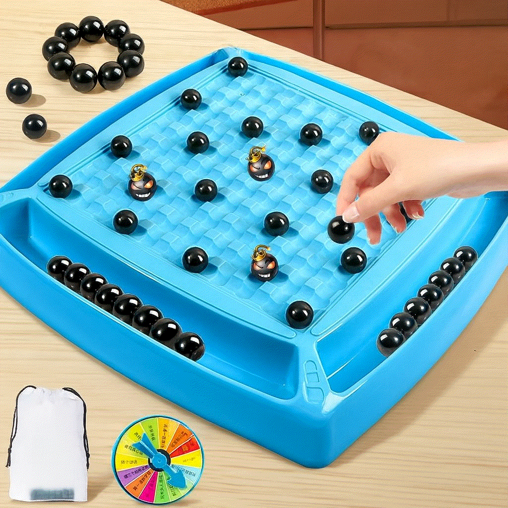Minefield Magnetic Battle Chess game with blue board, black magnetic pieces, spinner, and storage bag for kids' strategic play