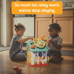 Two toddlers playing with colorful Montessori Busy House toy on wooden floor in home kitchen