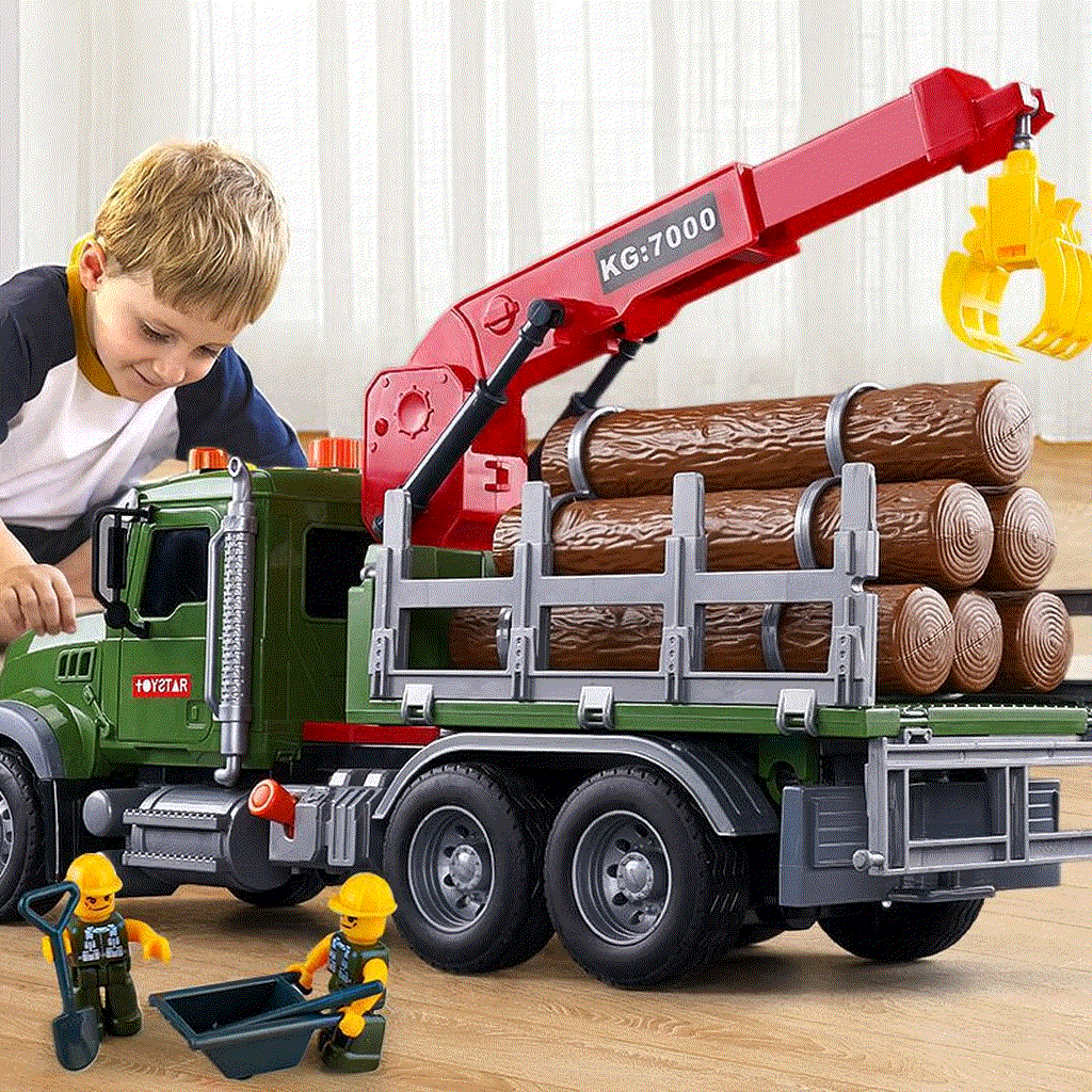 Child playing with oversized timber transport toy truck featuring a red crane and loaded with plastic logs