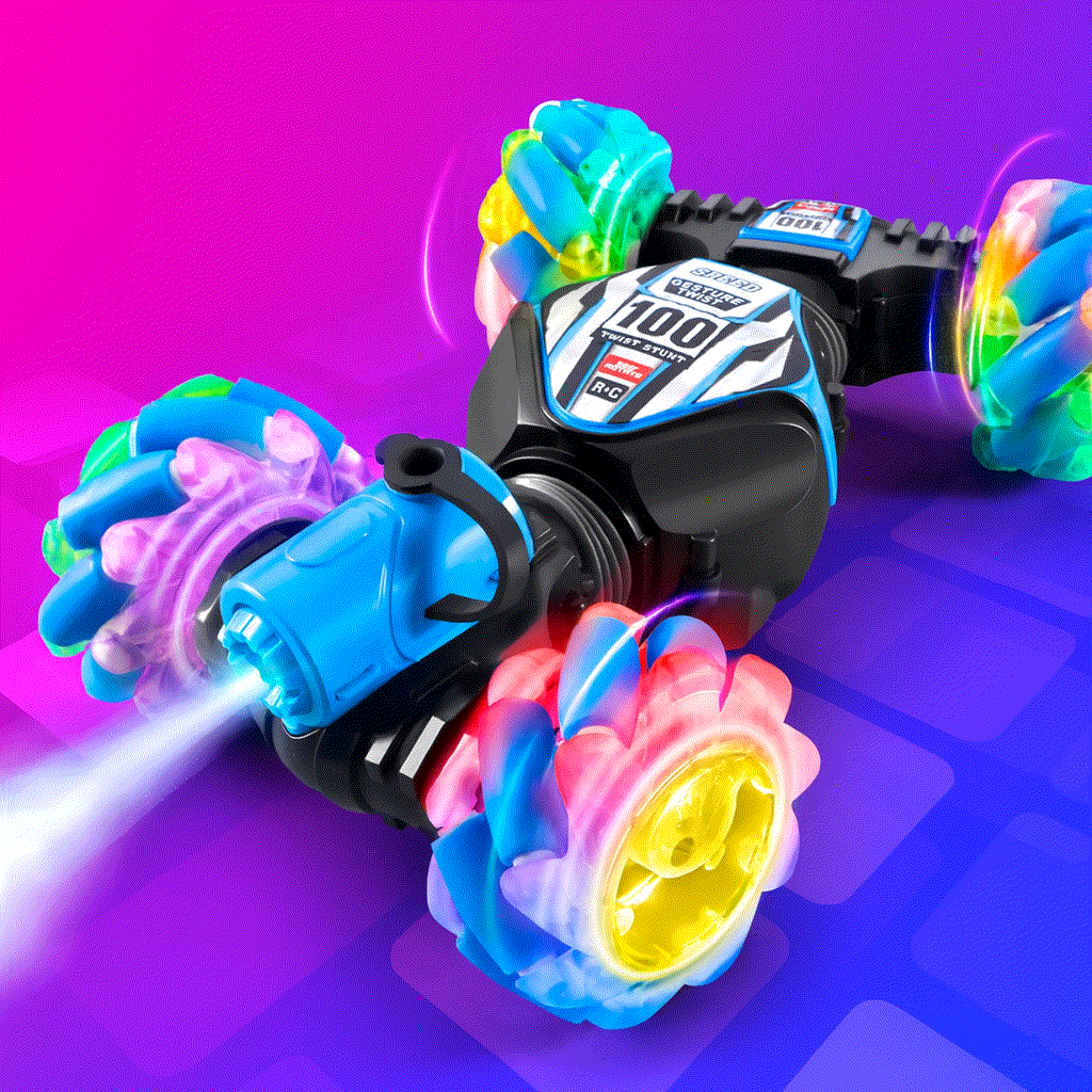 Gesture-sensing off-road drift remote control car with colorful wheels and LED lights on purple background