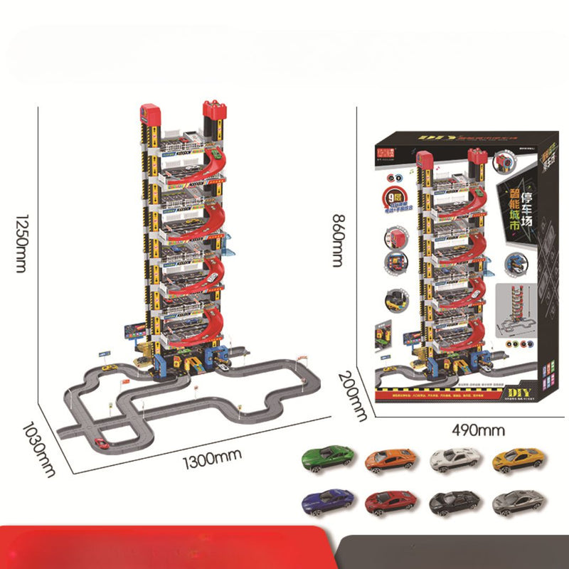 Smart City Parking Garage toy set with 9 layers, race cars, and road track for kids' interactive play and racing adventures