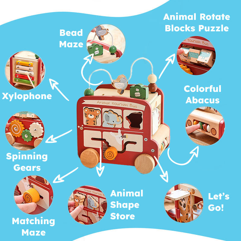 Wooden Montessori Busy Bus with 8 educational activities including xylophone, bead maze, spinning gears, shape sorter, and puzzles for toddlers.