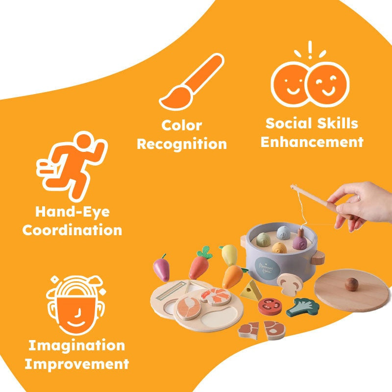 Little Chef Montessori healthy cooking set with wooden veggies, utensils, and number fish for educational pretend play.