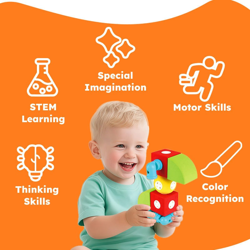 Toddler playing with ClickBlox soft magnetic STEM building blocks promoting motor skills and imagination