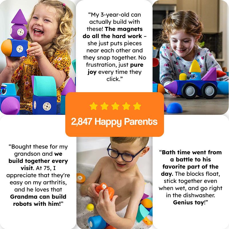 Children playing with ClickBlox soft magnetic STEM building blocks, colorful oversized foam pieces, safe for toddlers and water-friendly educational toy