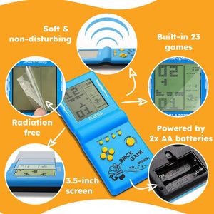 9999-in-1 retro game console handheld with 3.5-inch monochrome screen, built-in 23 classic games, powered by 2 AA batteries, soft non-disturbing buttons, radiation-free design