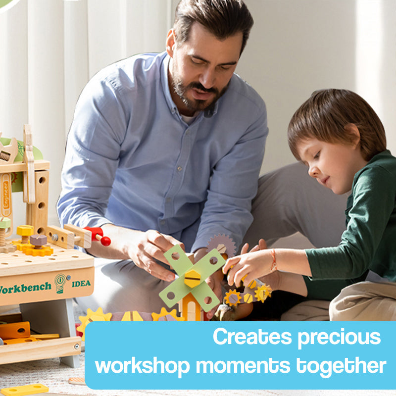 Daddy's Buddy STEM Wooden Workbench with father and son playing together, promoting hands-on learning and bonding moments.