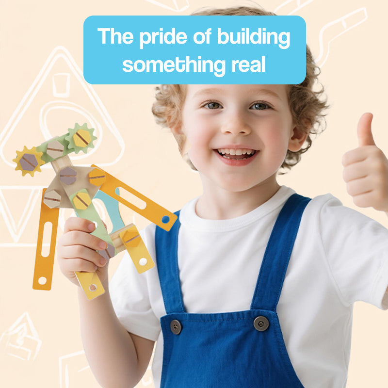 Happy child showing wooden toy creation with Daddy's Buddy STEM Wooden Workbench, giving thumbs up