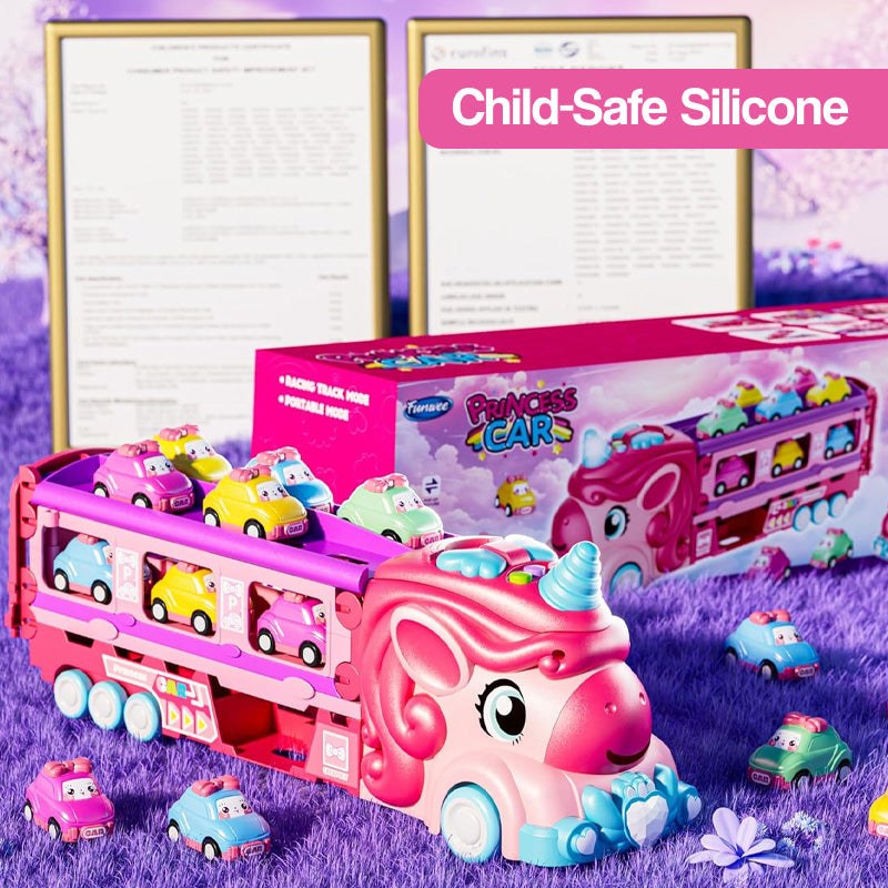 Unicorn Express dual racing truck toy with colorful mini cars and child-safe silicone design