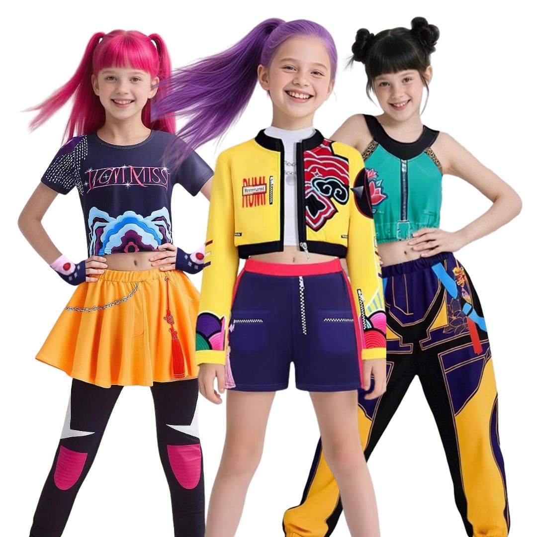 Three kids wearing vibrant, colorful warrior-inspired Halloween costumes with geometric patterns and combat-ready designs in the Warrior Squad Halloween Costume set