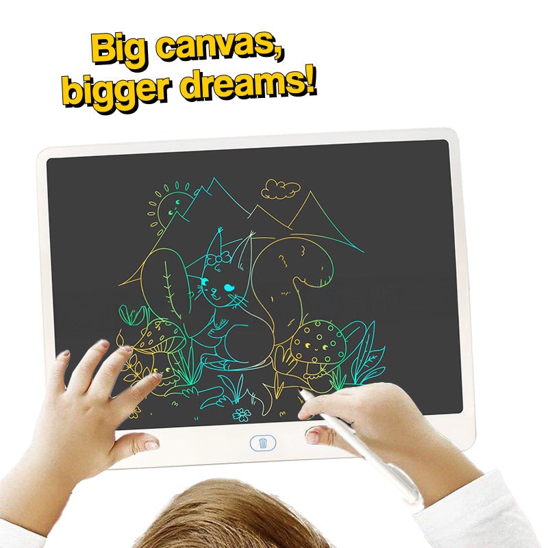 Child drawing colorful nature scene on 20-inch LCD drawing board with stylus pen