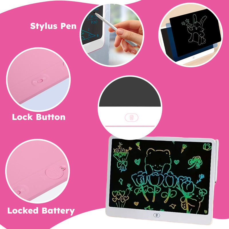 20-inch LCD drawing board with colorful glowing screen, stylus pen, lock button, and battery compartment designed for kids' creativity and mess-free drawing