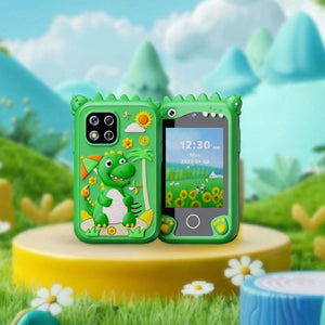 Green kids mobile phone with dinosaur case, touch screen, camera, and games for children