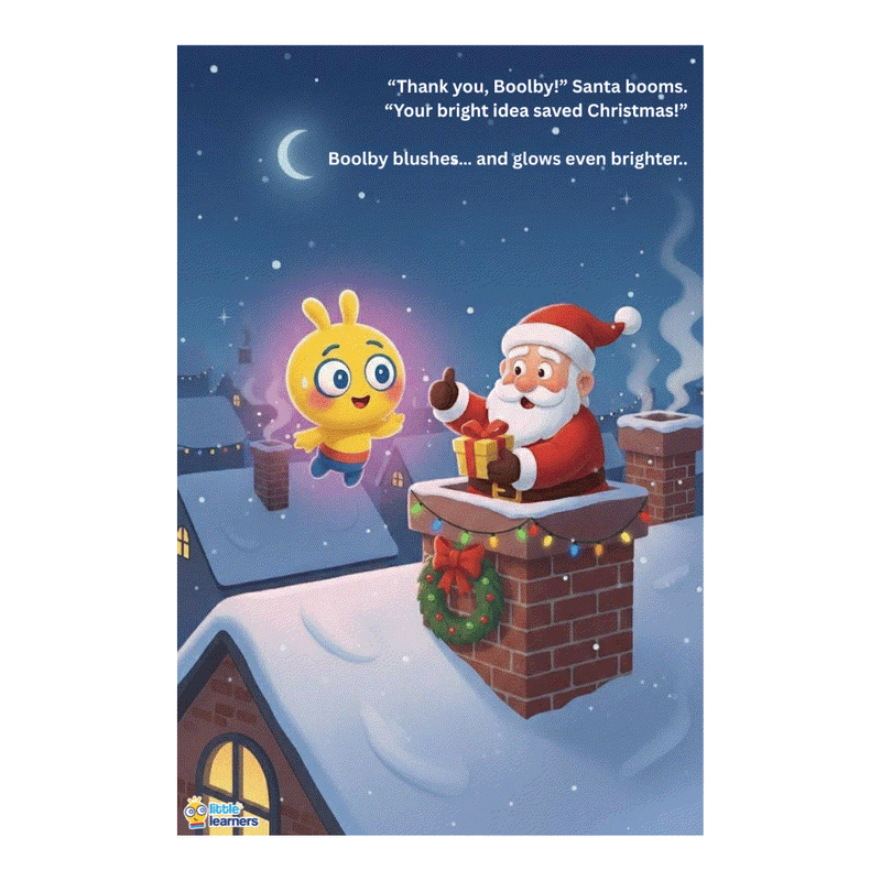 Santa and glowing Boolby on snowy rooftop with Christmas lights in children's storybook Boolby Saves Christmas