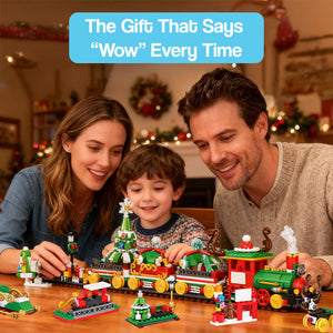 Family building Holiday Express Train Advent Calendar with festive Christmas train and mini surprises on table