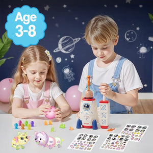 Kids playing with Magic PopKit, creating magical balloon creatures with reusable balloons, stickers, and accessories, ages 3-8.