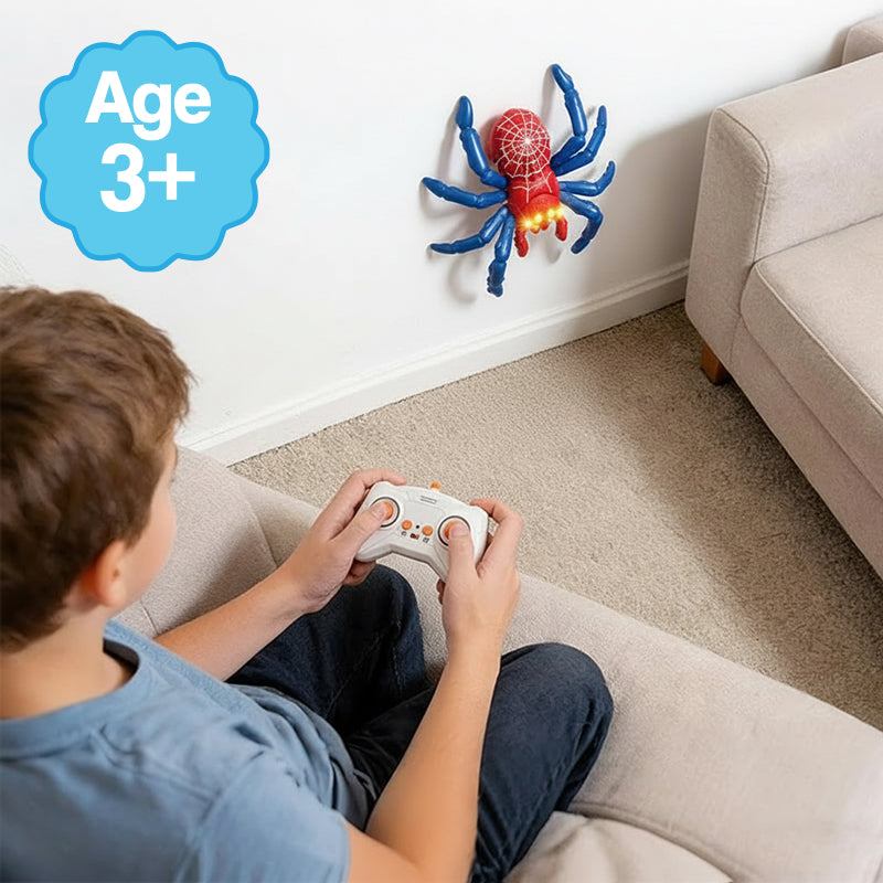 2-in-1 climbing and crawling RC spider toy with remote control and light-up eyes on wall and floor