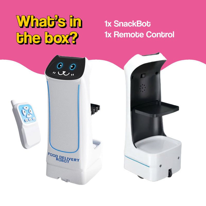 SnackBot Delivery Robo-Kitty toy with LED cat-face and remote control delivering snacks indoors
