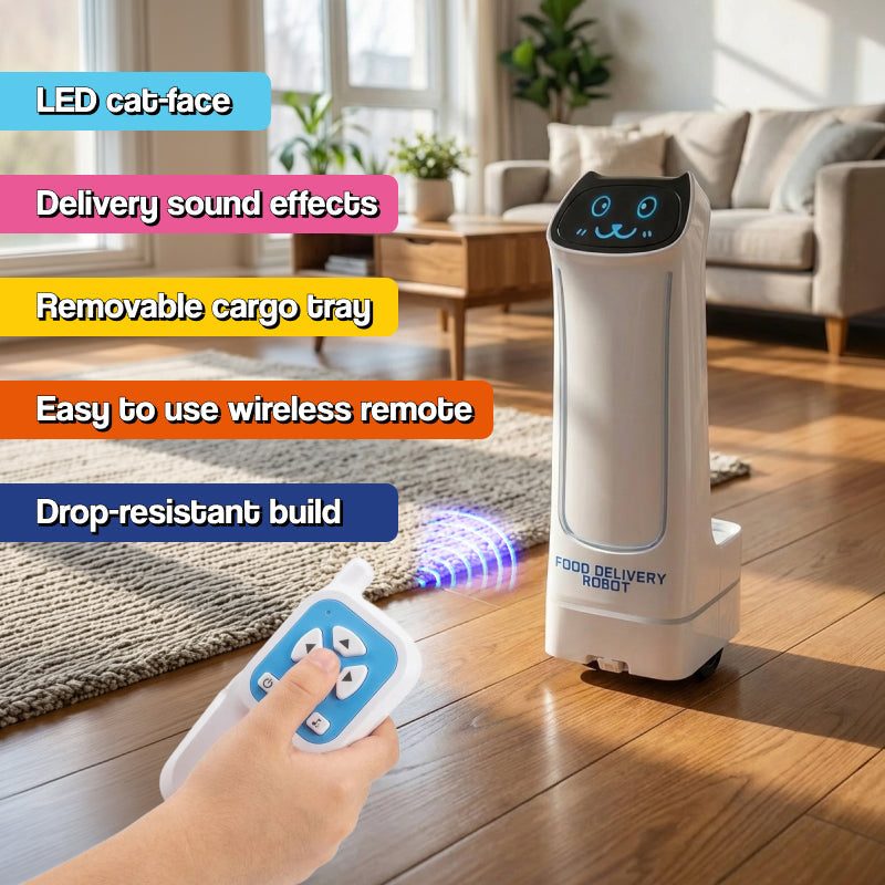 Delivery Robo-Kitty SnackBot toy with LED cat-face and remote control on floor