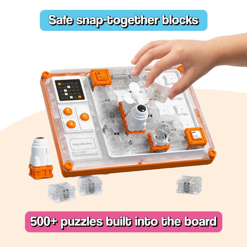 STEM circuit puzzle board with astronaut figure, fan, projector, and 500 built-in puzzles for kids ages 3+