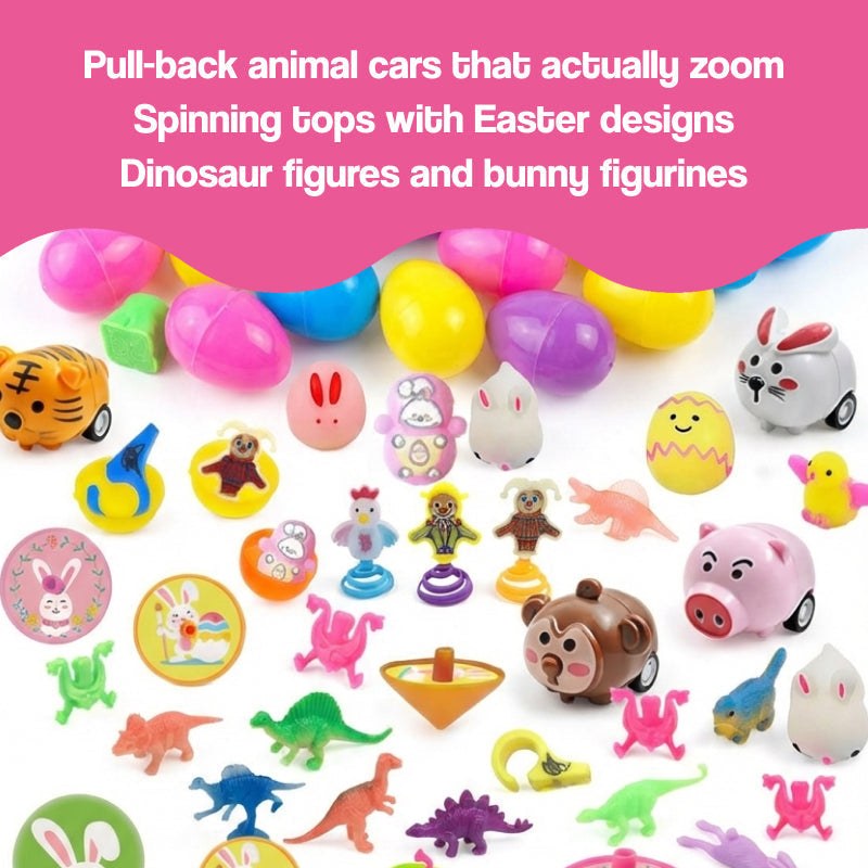 Colorful pre-filled Easter eggs with toys ready for Easter egg hunts