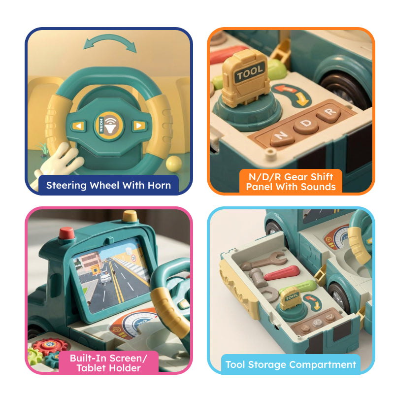 2-in-1 Driver & Builder Workshop Bus toy with fold-out mechanic workshop and interactive tools for kids aged 3+