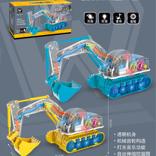 Electric Transparent Gear Excavator Toy with Sound and Light Effects