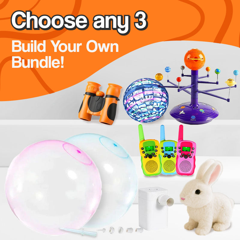 Outdoor Adventure Bundle with binoculars, walkie-talkies, inflatable balls, solar system model, and plush bunny for kids' outdoor exploration and play