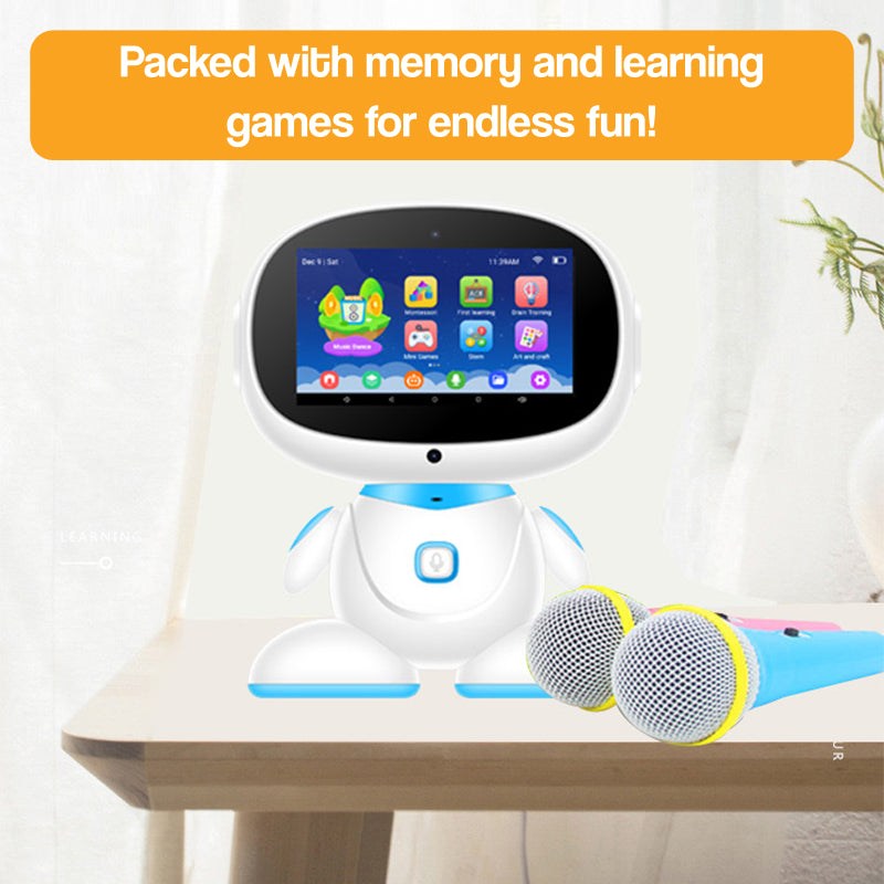 AI-powered STEM learning robot with interactive screen and microphones for kids educational play