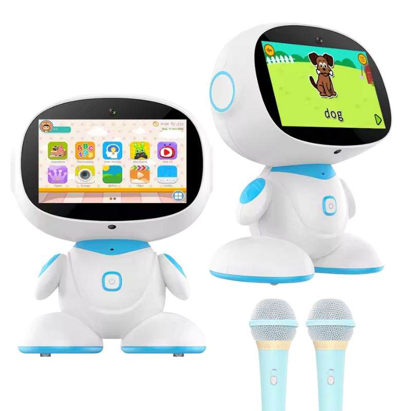AI-powered STEM learning robot for kids with interactive screen and karaoke microphones