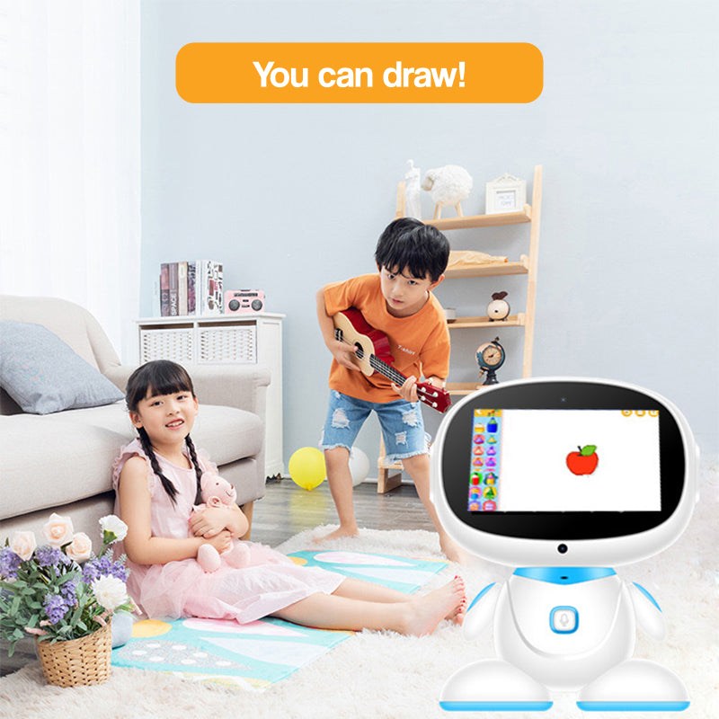 AI-powered STEM learning robot with interactive screen for kids playing and drawing