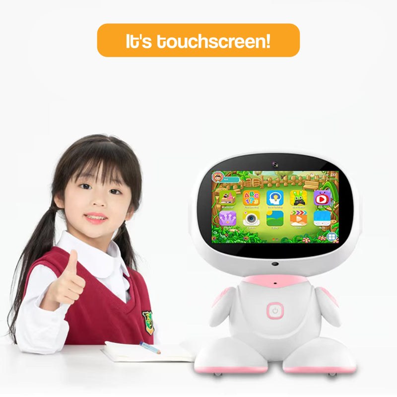 Child using AI-powered STEM learning robot with touchscreen and educational apps