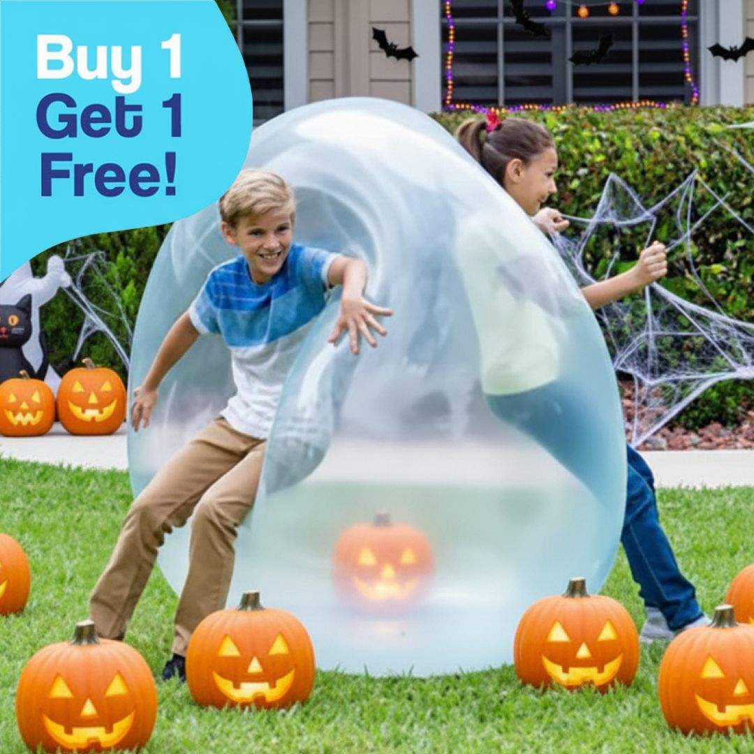 Kids playing with transparent Giant Jelly Balloon Ball outdoors surrounded by Halloween pumpkins and decorations, promoting fun and active play, buy one get one free offer.