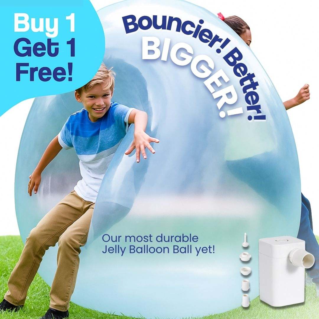 Kids playing with a large blue Giant Jelly Balloon Ball outdoor inflatable toy with pump and accessories, promoting active fun and durability