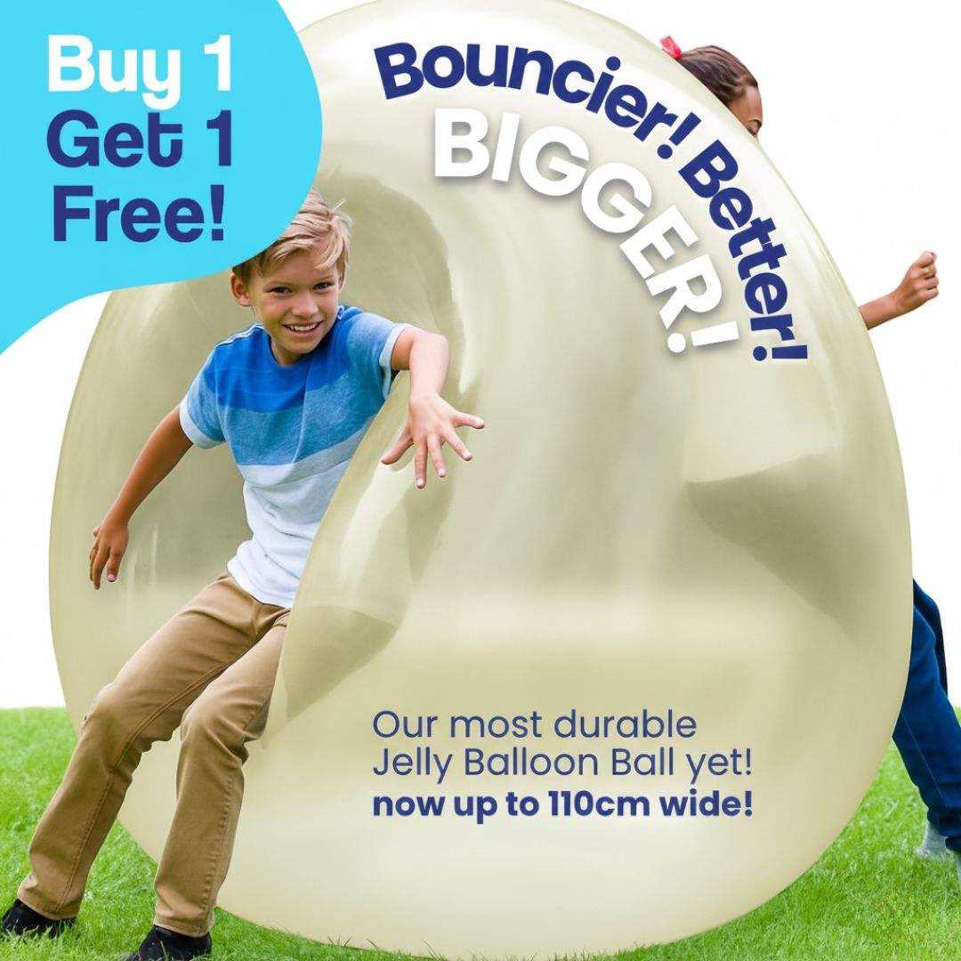 Kids playing outdoors with giant jelly balloon ball inflatable toy, buy 1 get 1 free promotion, durable and bouncy balloon ball for active play