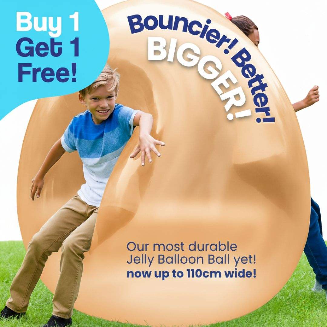 Kids playing outdoors with Giant Jelly Balloon Ball, inflatable and durable, buy one get one free promotion