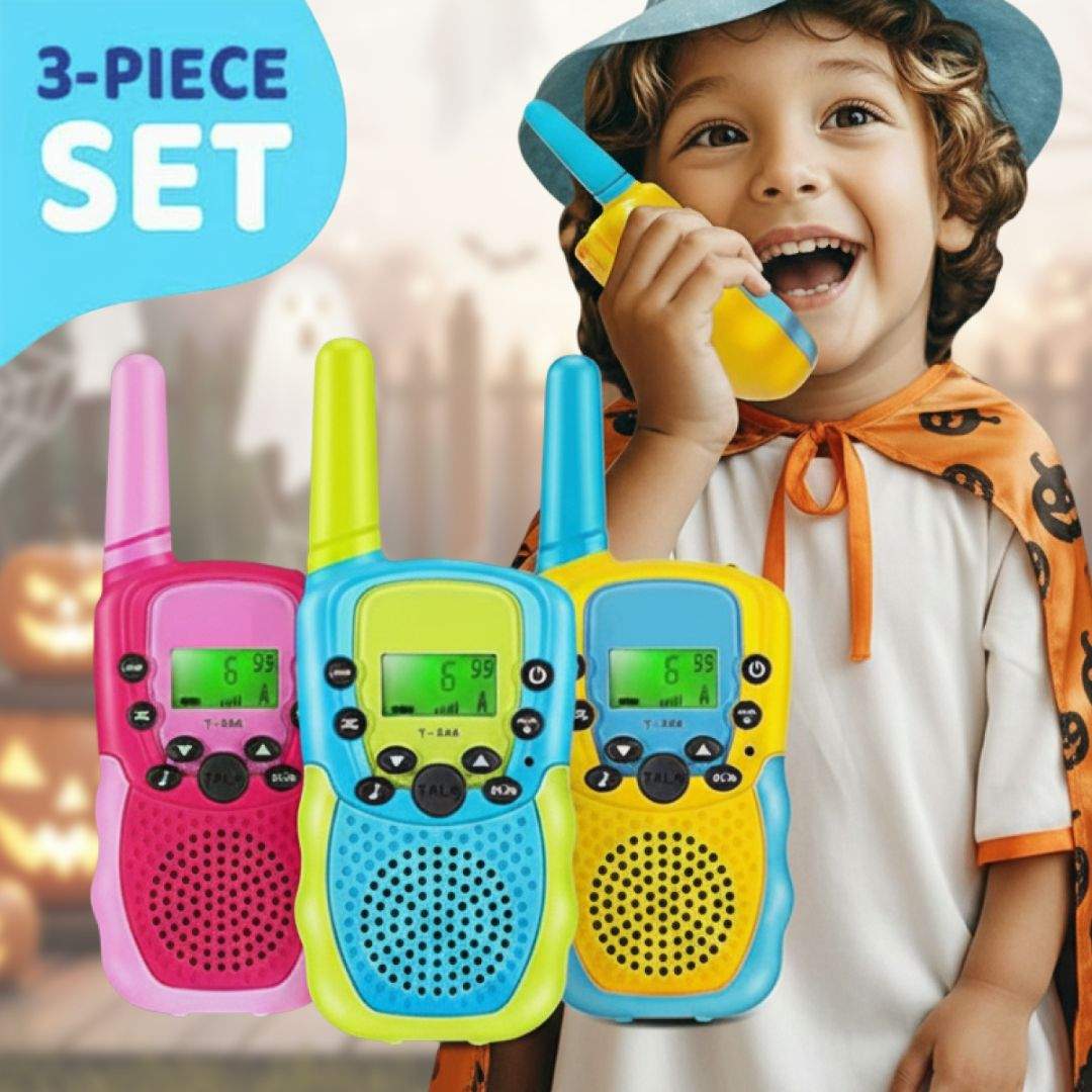 Kids Walkie Talkie 3-piece set with clear sound and long range for kids' indoor and outdoor play.