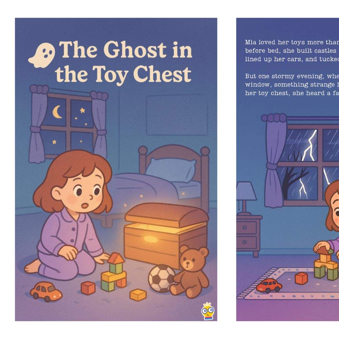 Illustration from Little Learners Spooky Stories showing a child discovering a glowing toy chest at night