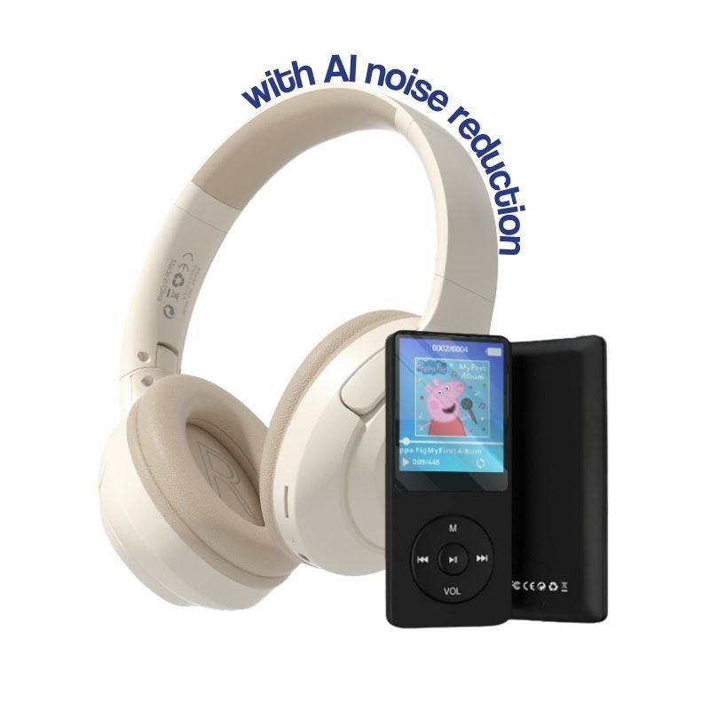 MP3 player with headset featuring AI noise reduction, HiFi sound, 8GB storage, long battery life, and no internet connection for kids.