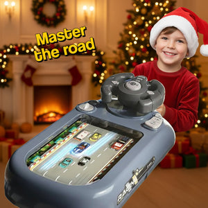 Child playing with TurboRace Interactive Game Set racing console wearing Santa hat by Christmas tree